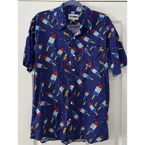 TIPSY ELVES Short Sleeve Button Up Shirt Mens Size L Blue Bomb Pop AOP USA